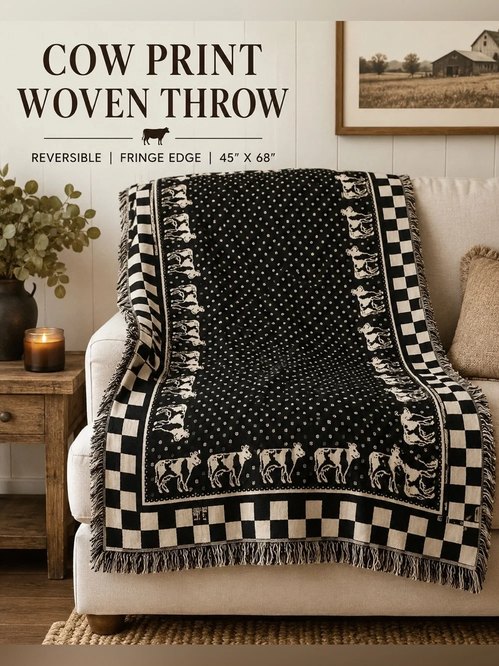 Cow Print Woven Throw Blanket Reversible Black White Fringe Farmhouse 45x68